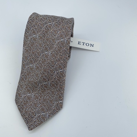 Eton Tie Mens One Size Gray Brown Floral Silk Classic Necktie England Made NWT‎